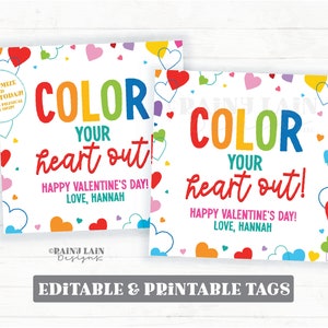 Lápis de cera Valentine, Color Your Heart Out Gift Tag, Livro de colorir, Marcadores, Pré-escola, Sala de aula, Estudante, Imprimível, Crianças sem doces, Editável