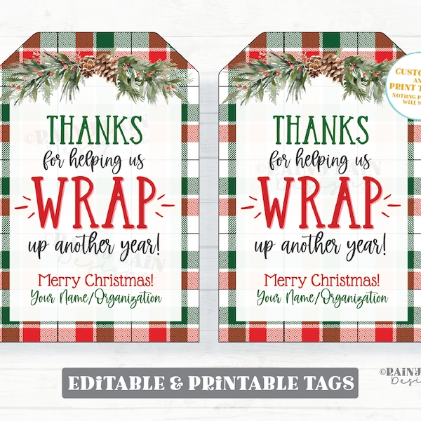 Thanks for helping Wrap Up another year Tag Printable Christmas Gift Editable Holiday Wrapping Paper Client Realtor Staff Plaid Teacher PTO