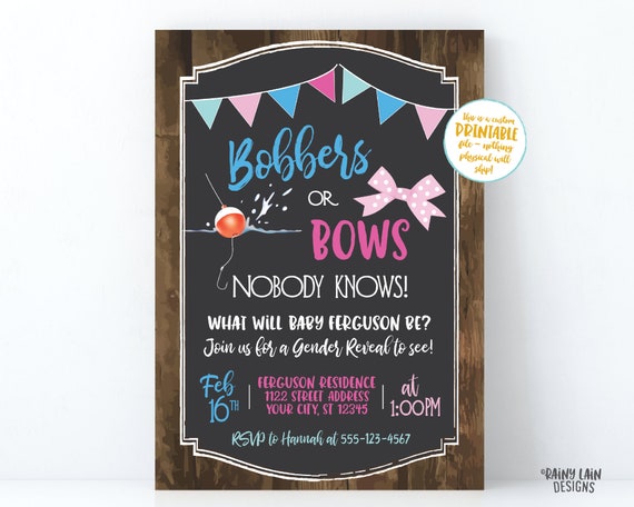 Bobbers or Bows Gender Reveal Invitation, Fishing Gender Reveal Invite,  Wood, Rustic, Bunting, Bobber Bow, Blue and Pink, Bobbers and Bows 