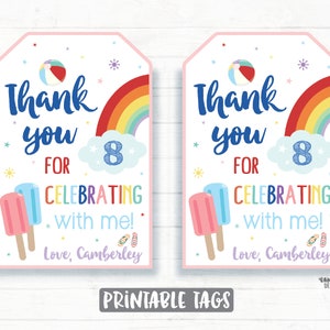 Summer Birthday Party Thank You Tags, Pool Party Favor Tags, Rainbow Tags, Summer Party Tags, Swim Party, Popsicles, Beach Ball, Flip Flops