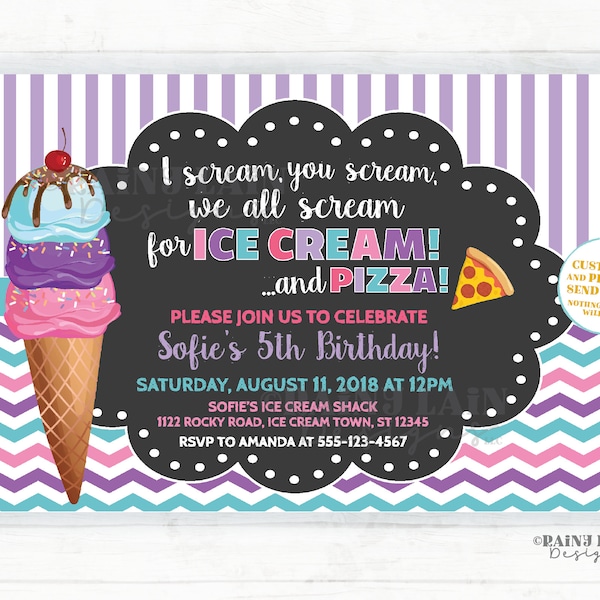 Chalkboard Ice Cream and Pizza Party Invite Pink Purple Teal Ice Cream Invitation We all Scream for Ice Cream Pizza and Ice Cream Party