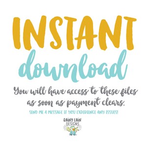 May include: A digital download graphic with the text "INSTANT download" in yellow and blue. The text "You will have access to these files as soon as payment clears." is in gray. The text "SEND ME A MESSAGE IF YOU EXPERIENCE ANY ISSUES!" is in gray. The graphic also includes a logo with the text "RAINY LAIN DESIGNS" in blue and a cartoon raindrop with wings.