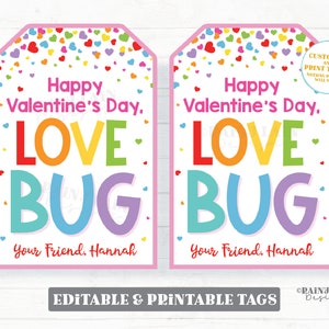 May include: Two pink printable Valentine's Day gift tags with a rainbow "LOVE BUG" design and a scattering of pink, red, and rainbow hearts. The text "Happy Valentine's Day. Your Friend. Hannah" is on each tag.
