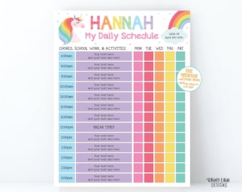 Programma modificabile della scuola a casa Grafico dei lavori domestici con unicorno Programma stampabile per bambini Elenco di controllo giornaliero per bambini Modello di elenco delle attività Pianificatore settimanale di HomeSchool