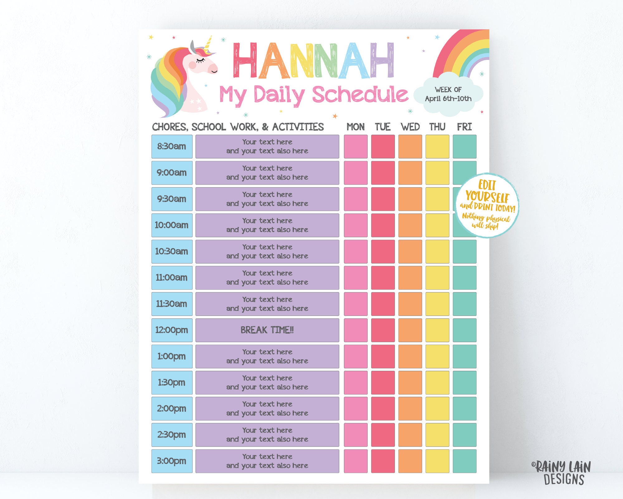 Editable School Schedule for Kids, School Supplies Theme