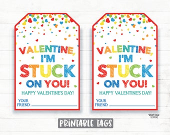 Valentine I'm Stuck on You, Stickers Valentine Sticky Hand Valentine Sticker Tag, Preschool Classroom Printable Kids Non-Candy Valentine Tag