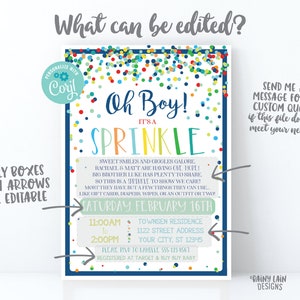 May include: A baby shower invitation with a blue border and colorful confetti. The text reads "Oh Boy! It's a Sprinkle" in various colors. Details include the date, time, location, and RSVP information. The design is customizable.