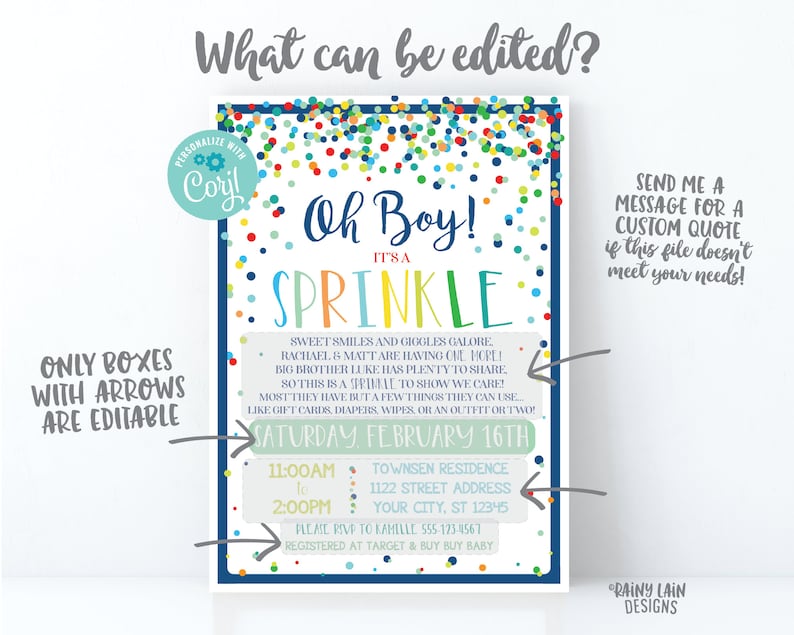 May include: A baby shower invitation with a blue border and colorful confetti. The text reads "Oh Boy! It's a Sprinkle" in various colors. Details include the date, time, location, and RSVP information. The design is customizable.