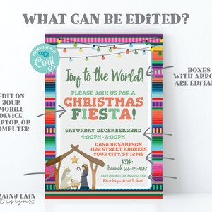 May include: A colorful Christmas party invitation with a festive Mexican-inspired design. The invitation features a nativity scene with the text "Joy to the World!" and "Please join us for a Christmas Fiesta!"  The invitation also includes the date, time, and location of the party.