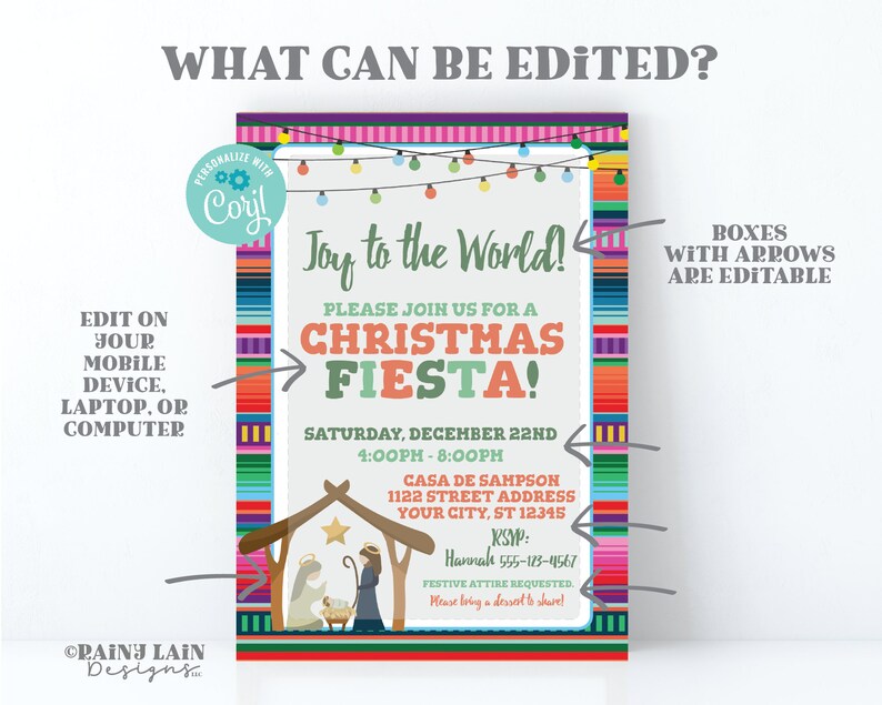 May include: A colorful Christmas party invitation with a festive Mexican-inspired design. The invitation features a nativity scene with the text "Joy to the World!" and "Please join us for a Christmas Fiesta!"  The invitation also includes the date, time, and location of the party.