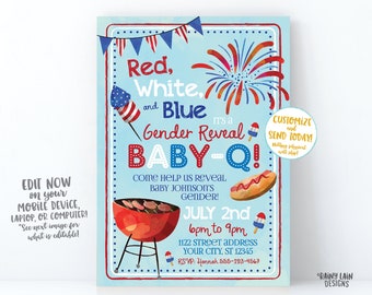 Baby-Q Gender Reveal Invitation, Red, White, Blue BBQ Baby Shower Invite, Printable Digital Download