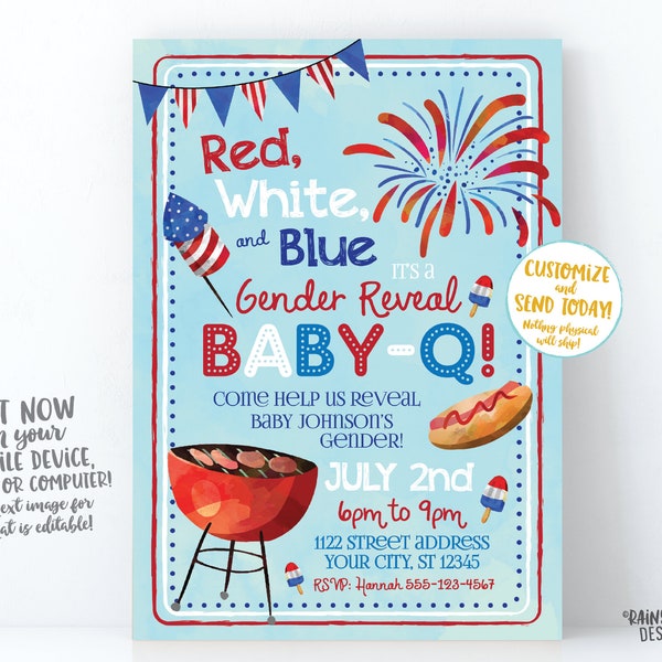 Baby-Q Gender Reveal Invitation, Red, White, Blue BBQ Baby Shower Invite, Printable Digital Download