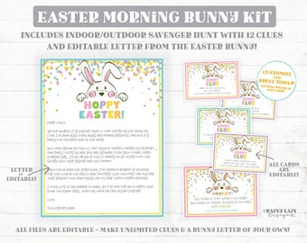 Könnte beinhalten: Druckbarer Osterhasen-Kit mit einem Brief vom Osterhasen und 12 Hinweisen für eine Schnitzeljagd. Das Kit enthält einen Hasen mit dem Text "Hoppy Easter!" und Konfetti. Der Text "Alle Dateien sind editierbar - Erstelle unbegrenzte Hinweise und einen eigenen Hasenbrief!" befindet sich am unteren Rand der Seite.