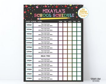 May include: A printable school schedule with a chalkboard background and colorful accents. The schedule is titled "Mikayla's School Schedule" and includes a daily work section with times from 8:30 am to 3:00 pm, and a weekly section with days of the week from Monday to Friday.