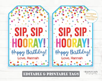 Puede incluir: Dos etiquetas de regalo imprimibles con un fondo de confeti colorido. El texto en las etiquetas dice "Sip, Sip Hooray! Happy Birthday! Love, Hannah".