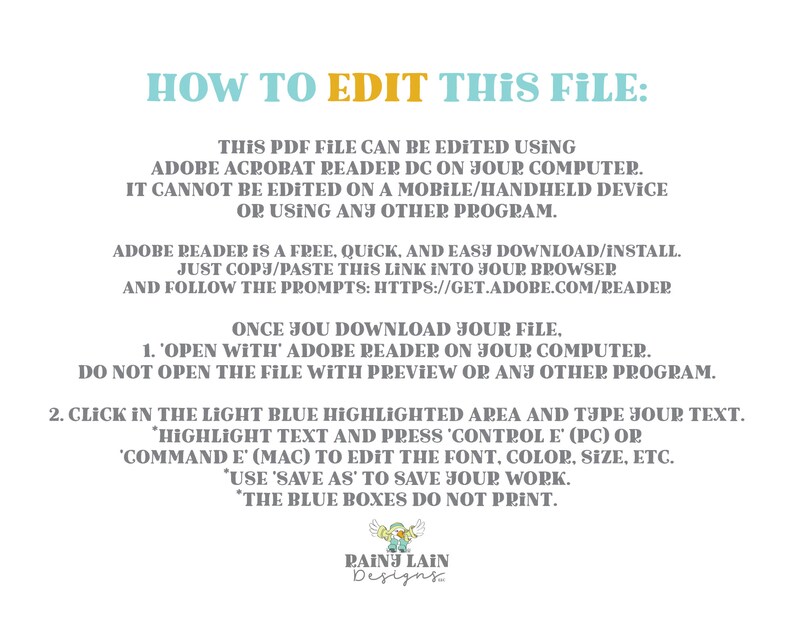 May include: A blue and orange text graphic with instructions on how to edit a PDF file using Adobe Acrobat Reader DC. The text includes the website address https://get.adobe.com/reader. The graphic also includes a cartoon illustration of a raindrop with a face.