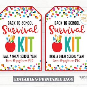 Étiquette de kit de survie pour la rentrée scolaire modifiable, cadeau d'urgence pour la 1ère journée d'école, cadeau de remerciement pour le personnel enseignant, confettis pommes pour le directeur de la prise de force