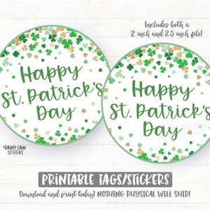 Etiqueta de feliz dia de São Patrício, etiqueta de biscoito para impressão, círculo redondo de 2 polegadas Embalagem Shamrocks Cartão de biscoito Amuleto da sorte Download instantâneo Padaria
