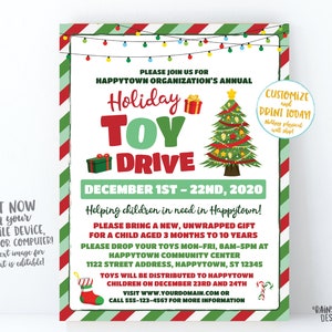 Holiday Toy Drive Flyer, Christmas Toy Drive Flyer, Toy Drive Flier Fundraiser Invitation Information Card Digital Flyer Editable DIY
