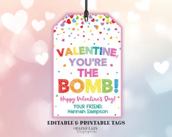 You are the Bomb Valentine, You're the Bomb Tag, Bath Bomb Valentine, Preschool Valentines Classroom Printable Kids Non-Candy Valentine Tag