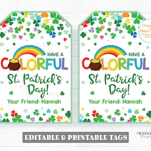 Colorful St Patrick&#39;s Day Gift Tag Shamrock Crayon Markers Paint Coloring Book Gift Rainbow Candy Preschool Student Classroom Printable Tags