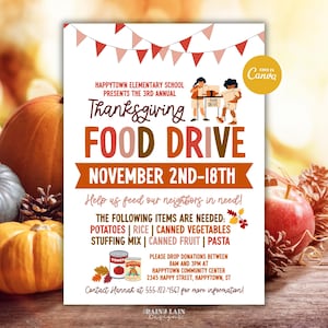 Thanksgiving Food Drive Flyer, Fundraiser Canva Template, Editable Invitation