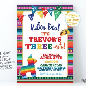 Adios Dos Invitation, Boy Three esta Invitation, 3rd Birthday Fiesta Invitation, Three-esta Birthday Invitation, Cactus, Serape, THREEesta