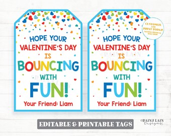 Bouncing with Fun Tag, Bouncy Ball Valentine Bounce Valentine's Day Gift Preschool Classroom Printable Kids Editable Non-Candy Valentine Tag