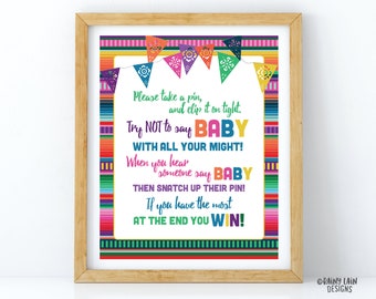 Fiesta Baby Shower Clothespin Game, Don&#39;t Say Baby Game, Clothespin Game Sign, Fiesta Baby Shower Sign, Mexican Fiesta, Papel Picado, Serape