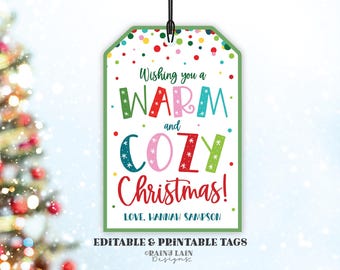 Etiqueta para desearle una Navidad cálida y acogedora, etiqueta de regalo navideña editable, etiqueta de regalo imprimible, etiqueta para maestro, personal, bufanda, calcetines, manta.