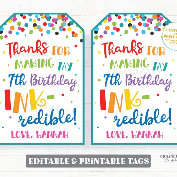 Ink Pen Gift Tags Thanks for making my Birthday INK-redible Tags Editable Preschool Printable Classroom Party Favor School Pen Gift Tags
