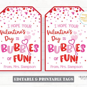 Hope your Valentine&#39;s Day is Bubbles of Fun, Bubbles of Fun Valentine Tag, From Teacher Non-Candy Printable Preschool Kids Valentine Tag