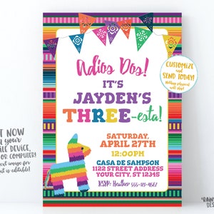 3rd Birthday Fiesta Invite, Three-esta Invitation Girl Adios Dos Three esta Birthday Party, Piñata, Serape, THREEesta 3rd Fiesta