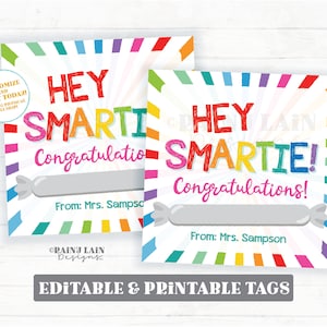 Hey Smartie Tarjeta de felicitación Smarty Tag Cookie Candy Graduación Escuela Secundaria 5to Grado Preescolar Secundaria Imprimible Niños Editables