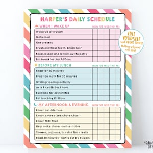 May include: A colorful printable daily schedule for children with a rainbow striped border. The schedule is divided into three sections: When I Wake Up, Before My Lunch, and My Afternoon & Evening. Each section has a list of activities with checkboxes for each day of the week. The text "Edit Yourself and Print Today!" is in a yellow circle at the top right corner.