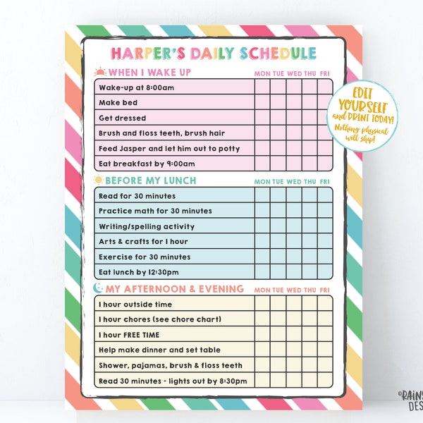 Home School Schedule Editable Kids Schedule Rainbow Stripes Printable Kids Daily Checklist Task List Chore Chart Template Weekly HomeSchool