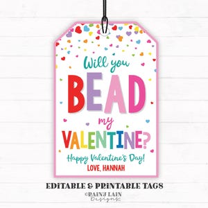 Will You Bead My Valentine Tag, Friendship Bracelet, Necklace, Valentine&#39;s Day Gift Tag, Printable Kids Preschool Classroom Non-Candy School