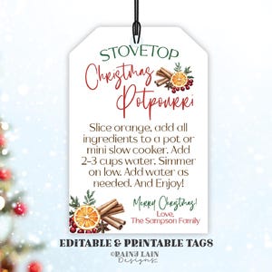 May include: A printable Christmas potpourri recipe tag with a red and green design. The tag features a watercolor illustration of orange slices, cinnamon sticks, cloves, and star anise. The text on the tag reads "Stovetop Christmas Potpourri" and includes instructions for making the potpourri. The tag also includes the text "Merry Christmas! Love, The Sampson Family".