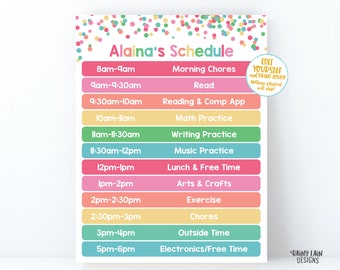 Printable Kids Home School Schedule, Editable Daily Schedule Kids Task List Template Chore Chart Weekly Planner HomeSchool Rainbow Confetti