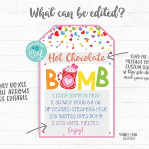 Valentine's Day Hot Cocoa Bomb Tag, Editable Cocoa Bomb Valentine, Hot Chocolate Bomb Tags You're the Bomb Classroom Valentines Preschool image 2