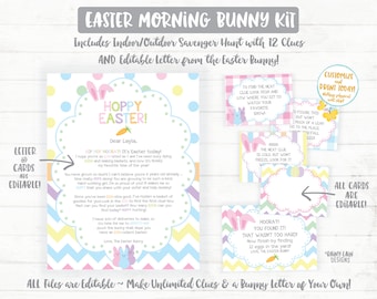 Könnte beinhalten: Druckbarer Osterhasen-Kit mit einem Brief vom Osterhasen, 12 Hinweisen und dem Titel "Hoppy Easter!" Alle Dateien sind editierbar. Individualisieren und drucken Sie noch heute.