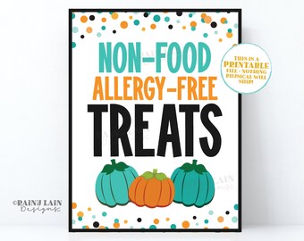 Signo de calabaza verde azulado, seguro para personas alérgicas, golosinas no alimentarias, sin alergias, signo de tazón de dulces de Halloween, descarga instantánea, digital