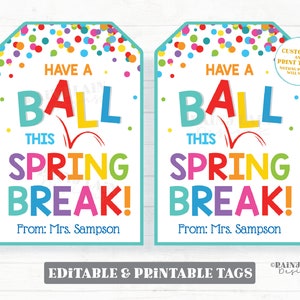 Have a Ball This Spring Break Tags Easter Beach Ball Bouncy Ball Tag Gift Preschool Classroom Student Kids Non-Candy Printable Editable Tag
