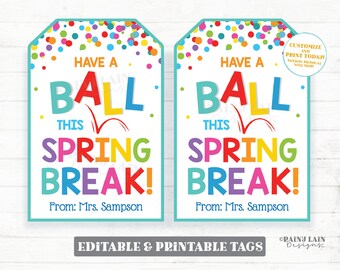 Have a Ball This Spring Break Tags Easter Beach Ball Bouncy Ball Tag Gift Preschool Classroom Student Kids Non-Candy Printable Editable Tag