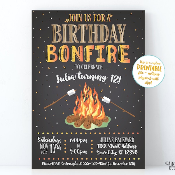 Bonfire Birthday Invitation, Backyard Bonfire Invite, S'mores Birthday Invitation, Bonfire Party Invite, Marshmallows, Fire, Chalkboard