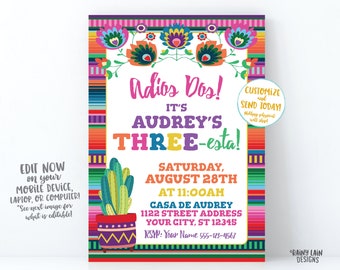 Three-esta Birthday Invitation Girl THREEesta Invitation, Adios Dos Invitation, 3rd Birthday Fiesta Invitation Cactus, Floral, Serape Invite