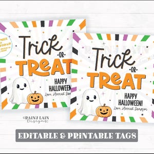 Trick or Treat Halloween Tag Template, Editable Happy Halloween Gift, Staff, Kids Party Favor, Costume, Teacher, Printable Download, Corjl