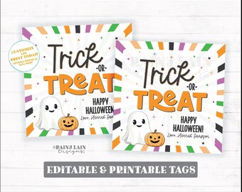 Trick or Treat Halloween Tag Template, Editable Happy Halloween Gift, Staff, Kids Party Favor, Costume, Teacher, Printable Download, Corjl