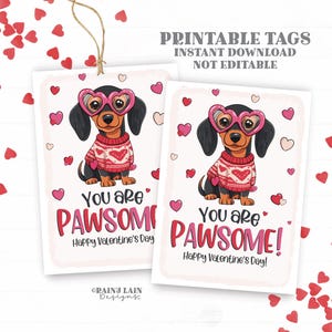 Valentine Card, Pawsome Valentine, niedlicher Hund, Welpe, Dackel, druckbar für Klassenzimmer, Klassenkameradin, Schüler, Valentinstag, Lehrer, Austausch