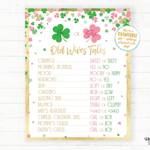 St. Patrick&#39;s Day Old Wives Tales, St Patrick&#39;s Day Gender Reveal Old Wives Tales Sign, Shamrock Old Wives Tales, Gender Reveal Poster
